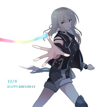 1girl black_choker black_jacket bracelet choker commentary dated earrings girls_band_cry grey_eyes grey_hair grey_shorts happy_birthday hashtag-only_commentary highres jacket jewelry kawaragi_momoka lemoontya multicolored_hair open_mouth roots_(hair) short_hair shorts sidelocks simple_background solo stud_earrings white_background