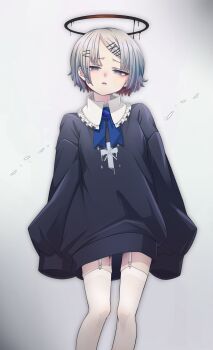 1girl absurdres bleeding blood brooch cross dress frilled_shirt_collar frills garter_straps grey_eyes grey_hair hair_ornament hairclip halo highres jewelry looking_at_viewer melting_halo original parted_lips shibata_ico short_hair sleeves_past_fingers sleeves_past_wrists solo sweater sweater_dress thighhighs white_thighhighs