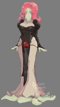 Rule 34 | 1girl, black dress, breasts, captainmirror 0, cthulhu mythos, dress, full body, grey background, highres, large breasts, ln'eta, monster girl, pink hair, ponytail, solo, squid girl, sucker for love, tentacle hair, tentacle in mouth, tentacle legs, tentacles