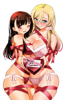 Rule 34 | 2girls, asymmetrical docking, blonde hair, blue eyes, blush, box, box of chocolates, bra, breast press, breasts, brown eyes, brown hair, cleavage, closed mouth, commentary request, gift, hair between eyes, hair ornament, hair scrunchie, happy valentine, heart-shaped box, highres, holding, holding box, holding gift, incoming gift, kuzuryuu hanako, large breasts, multiple girls, official art, one eye closed, open mouth, panties, pink bra, pink panties, pink scrunchie, red bra, red panties, red ribbon, ribbon, scrunchie, side-tie panties, simple background, skindentation, small breasts, smile, sogabe toshinori, takae kasumi, thick thighs, thighs, underwear, underwear only, white background, wide hips, yankee jk kuzuhana-chan