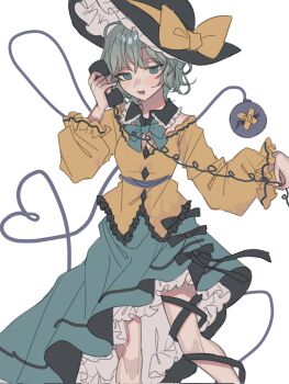 1girl amatukimahoro bandaid_on_eye black_hat bow bowtie cable commentary crossed_bandaids frilled_shirt frilled_skirt frills green_bow green_bowtie green_eyes green_hair green_skirt hat hat_bow hat_ribbon highres holding holding_phone komeiji_koishi open_mouth phone ribbon shirt simple_background skirt solo third_eye touhou white_background yellow_bow yellow_ribbon yellow_shirt