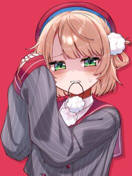 1girl beret blonde_hair blunt_bangs bow buttons clenched_teeth collared_shirt commentary_request double-breasted dress_shirt green_eyes grey_jacket hair_ornament hair_rings hair_tie_in_mouth hat highres indie_virtual_youtuber jacket long_sleeves looking_at_viewer mouth_hold nyaatsu partially_shaded_face pinstripe_jacket pinstripe_pattern pom_pom_(clothes) pom_pom_hair_ornament red_bow red_hat red_sailor_collar sailor_collar school_uniform shigure_ui_(vtuber) shigure_ui_(vtuber)_(1st_costume) shirt short_hair side_part side_up_ring simple_background sleeve_cuffs solo sweatdrop teeth tying_hair upper_body virtual_youtuber white_shirt winter_uniform