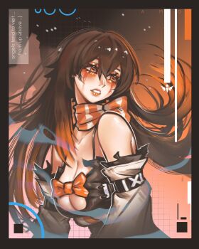 1girl absurdres amo_empool black_border border breasts ceramicnoise chest_bow cleavage colored_tips commentary detached_sleeves double-parted_bangs dress english_commentary english_text eyeshadow flipped_bangs floating_hair from_side gachiakuta gradient_background hair_between_eyes highres horizontal_pupils large_breasts long_hair looking_back makeup multicolored_hair open_clothes open_dress orange_eyes orange_eyeshadow orange_hair orange_ribbon orange_scarf parted_lips ribbon runny_makeup scarf shiny_lips sleeve_belt solo striped_clothes striped_scarf two-tone_scarf white_scarf