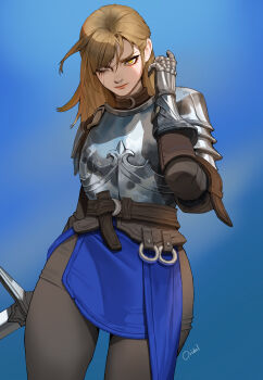 Rule 34 | 1girl, absurdres, armor, artist name, black pants, blue background, brown hair, closed mouth, commentary, cowboy shot, cuirass, english commentary, eyeliner, facial scar, gauntlets, hair between eyes, hand up, highres, looking at viewer, makeup, o-ring, one eye closed, ori dal, original, pants, pauldrons, red eyeliner, rerebrace, scar, scar on cheek, scar on face, shoulder armor, signature, solo, standing, sword, weapon, yellow eyes