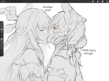 Rule 34 | 1nuyaki, 2girls, art program in frame, bare shoulders, blush, chromatic aberration, closed eyes, columbina (genshin impact), commentary, dress, english text, genshin impact, greyscale, headdress, highres, long hair, monochrome, multiple girls, off-shoulder dress, off shoulder, open mouth, sandrone (genshin impact), sweat, yuri