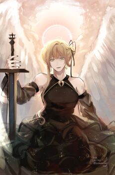 Rule 34 | 1girl, black dress, blonde hair, commentary, detached sleeves, dress, english commentary, expressionless, feathered wings, hair ribbon, highres, holding, holding sword, holding weapon, layered dress, omniscient reader's viewpoint, planted, planted sword, planted weapon, ribbon, saihachi06, seiza, sitting, solo, sun behind head, sword, uriel (omniscient reader's viewpoint), weapon, white wings, wings