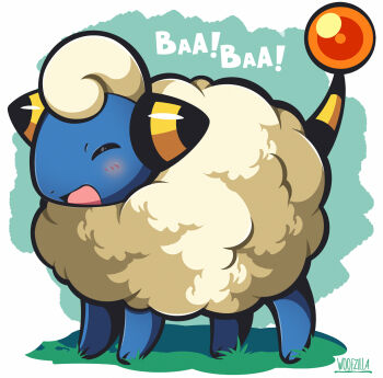 blush closed_eyes commentary english_commentary full_body gen_2_pokemon happy highres mareep nintendo no_humans open_mouth pokemon pokemon_(creature) sheep signature simple_background solo sound_effects standing white_background woofzilla
