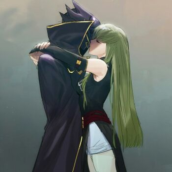 1boy 1girl black_helmet black_jacket breasts c.c. closed_eyes code_geass detached_sleeves green_hair hands_on_another's_shoulders helmet hetero highres hug jacket kiss long_hair medium_breasts order_of_the_black_knights_uniform shorts white_shorts zero_(code_geass)