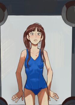 Rule 34 | 1girl, blue one-piece swimsuit, blush, body freckles, borrowed character, breasts, brown hair, female focus, freckles, fukouna shoujo 03, highres, kara eklund, long hair, looking at viewer, mossacannibalis, one-piece swimsuit, original, parted lips, small breasts, solo, swimsuit, thick eyebrows, twintails, upper body
