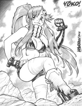 00s 1girl adam_warren bikini bikini_top_only breasts elbow_gloves fingerless_gloves gloves greyscale hand_on_own_hip highres hip_focus long_hair monochrome platform_footwear platform_heels ponytail scarf swimsuit tengen_toppa_gurren_lagann thighhighs yoko_littner