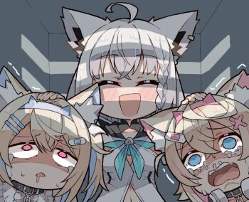 3girls ahoge animal_ear_fluff animal_ears bandaid bandaid_hair_ornament black_collar blonde_hair blue_eyes blue_hair blue_neckerchief braid brooch collar colored_inner_animal_ears crying crying_with_eyes_open crystal_horns dog_ears dog_girl drooling fox_ears fox_girl fur-trimmed_jacket fur_trim fuwawa_abyssgard fuwawa_abyssgard_(1st_costume) green_eyes hair_between_eyes hair_ornament headband highres hololive hololive_english hood hoodie in_locker jacket jewelry kukie-nyan long_hair mococo_abyssgard mococo_abyssgard_(1st_costume) multicolored_hair multiple_girls neckerchief open_mouth pink_eyes pink_hair pink_headband runny_nose shirakami_fubuki shirakami_fubuki_(1st_costume) siblings side_braid sidelocks single_braid sisters smile snot streaked_hair streaming_tears tears trembling twins virtual_youtuber white_hair white_hoodie x_hair_ornament