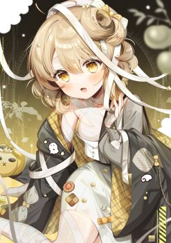 Rule 34 | 1girl, bandaged hand, bandaged leg, bandages, beret, black jacket, breasts, brown hair, chest sarashi, chi no, commentary, curly hair, dress, grey sleeves, halloween, hat, highres, indie virtual youtuber, jacket, long sleeves, medium breasts, medium hair, messy hair, notino (vtuber), open clothes, open jacket, open mouth, sarashi, single sleeve, solo, symbol-only commentary, virtual youtuber, white dress, white hat, wide sleeves, yellow eyes