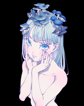 1girl absurdres blue_eyes blue_hair blue_nails blue_theme bomhat breasts collarbone commentary completely_nude crying english_commentary eyelashes from_above from_side hands_on_own_cheeks hands_on_own_face highres looking_at_viewer medium_hair mushroom mushroom_on_head nail_polish nude original parted_lips poison_mushroom small_breasts solo upper_body