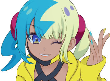 1girl blue_eyes canari_(pokemon) commentary eyelashes fuyuno_(0s5f5) grin hand_up happy hood hood_down hooded_jacket jacket long_sleeves looking_at_viewer mask mask_pull mouth_mask multicolored_hair multicolored_nails nail_polish nintendo one_eye_closed pokemon pokemon_legends:_z-a portrait simple_background sleeves_past_wrists smile solo teeth white_background yellow_jacket