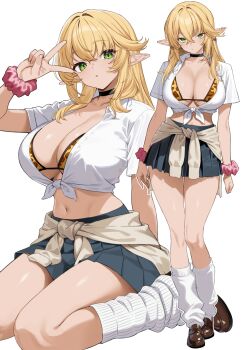 1girl absurdres aegis_(takunomi) animal_print black_choker black_skirt blonde_hair bra breasts brown_cardigan brown_shoes cardigan cardigan_around_waist choker cleavage clothes_around_waist commentary_request elf enjo_kouhai green_eyes gyaru highres large_breasts leopard_print leopard_print_bra loose_socks multiple_views orange_bra pleated_skirt pointy_ears print_bra scrunchie shirt shoes short_sleeves simple_background sitting skirt socks standing takunomi tied_shirt underwear wariza white_background white_shirt white_socks wrist_scrunchie