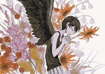 Rule 34 | 1boy, absurdres, angel wings, black tank top, cactus, closed eyes, closed mouth, colored skin, dangoiz, flower, gladiolus, highres, interlocked fingers, lily of the valley, male focus, omori, omori (omori), own hands clasped, own hands together, red flower, red rose, rose, shorts, solo, striped clothes, striped shorts, sunflower, tank top, tulip, vertical-striped clothes, vertical-striped shorts, white flower, white shorts, white skin, white tulip, wings