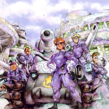 1990s_(style) 2girls 5boys al'cu_ad_solte artist_self-insert belt body_armor bonaparte_(tank) boots bulletproof_vest cannon character_request cigar cityscape cloud concept_art cyberpunk damaged dirty dominion_(manga) emblem english_text facial_hair glasses gloves goggles hat headgear leona_ozaki light lighter machinery manly military_vehicle motor_vehicle multiple_boys multiple_girls mustache new_dominion_tank_police official_art official_style police police_badge police_uniform policeman policewoman production_art promotional_art retro_artstyle s.w.a.t. scan science_fiction shirou_masamune shirow_masamume_(person) sunglasses tactical_clothes tank traditional_media turret