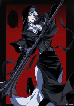 ... 1girl absurdres apron black_boots black_border black_capelet black_corset black_hood boots border buckle capelet clenched_teeth colored_speech_bubble corset elbow_gloves elden_ring elden_ring_nightreign flanged_mace gloves highres holding holding_mace holding_weapon incoming_attack leg_up mace nun red_background red_eyes s_jiaogu solo speech_bubble teeth twitter_username undertaker_(elden_ring) weapon white_coif