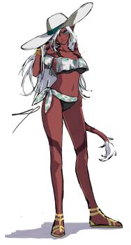 Rule 34 | 1girl, apio chama, bikini, black bikini, blue eyes, breasts, closed mouth, colored skin, commentary request, crop top, dark-skinned female, dark skin, dragon quest, dragon quest x, full body, gold bangle, hand in own hair, hand on own hip, hat, highres, large breasts, light smile, long hair, midriff, navel, ogre (dq10), pointy ears, red skin, sandals, signature, solo, standing, sun hat, swept bangs, swimsuit, white background, white hair, white hat