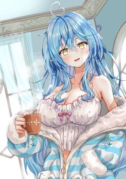 1girl absurdres ahoge aqua_jacket bare_shoulders blue_hair blush breasts camisole cleavage closed_mouth collarbone commentary_request cup elf fluffy_clothes fur-trimmed_jacket fur-trimmed_sleeves fur_trim hair_between_eyes hair_ornament heart heart_ahoge highres holding holding_cup hololive indoors jacket large_breasts lingmu long_hair official_alternate_costume official_alternate_hairstyle open_mouth partially_unzipped pointy_ears polka_dot polka_dot_camisole polka_dot_skirt short_hair skirt sleepwear solo teeth upper_body virtual_youtuber white_camisole yellow_eyes yukihana_lamy yukihana_lamy_(roomwear)