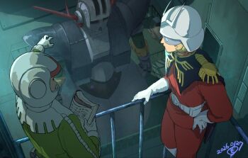 Rule 34 | 2boys, belt, black capelet, blonde hair, bodysuit, book, capelet, char aznable, commentary request, dated, feet out of frame, gloves, green bodysuit, gundam, hand on own hip, hangar, helmet, holding, holding book, indoors, jacket, long sleeves, mask, mecha, mecha pilot suit, military jacket, military uniform, mobile armor, mobile suit, mobile suit gundam, mosuke 2, multiple boys, normal suit (gundam), open book, outstretched arm, pants, pilot helmet, railing, red jacket, red pants, robot, science fiction, space helmet, spacesuit, standing, white belt, white gloves, zeon, zeong