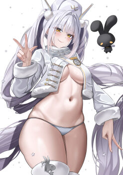1girl absurdres belt belt_buckle blanc_(fortune_express)_(nikke) blanc_(nikke) blush boots breasts buckle chinese_commentary closed_mouth commentary_request cowboy_shot facial_mark fang fang_out fingernails floating floating_hair floating_object fur-trimmed_boots fur-trimmed_jacket fur-trimmed_sleeves fur_trim goddess_of_victory:_nikke grey_hair grey_nails hair_intakes hair_ornament hand_up hat highres jacket kaijiba large_breasts long_hair long_sleeves looking_at_viewer nail_polish navel no_bra no_pants official_alternate_costume official_alternate_hairstyle open_clothes open_jacket panties pom_pom_(clothes) pom_pom_hair_ornament simple_background skin_fang snowing solo standing star_(symbol) star_facial_mark star_hair_ornament stomach stuffed_animal stuffed_rabbit stuffed_toy thigh_boots twintails underwear v very_long_hair w white_background white_belt white_boots white_hat white_jacket white_panties yellow_eyes