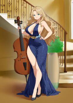 1girl azur_lane bare_legs black_shoes blonde_hair blue_dress breasts cello closed_mouth dress evening_gown formal_clothes full_body glitter_dress green_eyes hand_on_own_hip high_heels highres holding holding_instrument indoors instrument jewelry large_breasts long_dress long_hair looking_at_viewer necklace parallelrey pumps shoes side_slit solo stairs standing vanguard_(azur_lane)