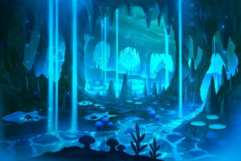 apokarihardcore cave commentary_request fantasy mushroom no_humans original scenery stalactite stalagmite water