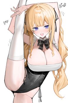 1girl absurdres armpits arms_up ass bare_arms black_leotard blonde_hair blush bow bowtie breasts cleavage commentary_request cowboy_shot detached_collar frilled_leotard frills hair_ribbon highleg highleg_leotard highres large_breasts leg_lift leg_up leotard long_hair looking_at_viewer nephthys2356 open_mouth original purple_eyes ribbon side-tie_leotard sidelocks simple_background smile solo split standing standing_on_one_leg standing_split thighhighs thighs twintails v-shaped_eyebrows white_background white_thighhighs