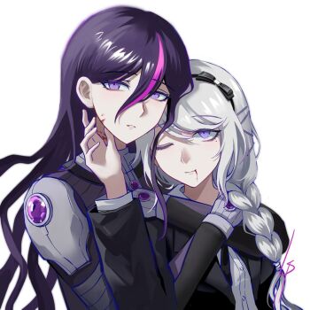 2girls black_bodysuit black_hair black_hairband black_jacket blood blood_from_mouth blood_from_neck bodysuit braid commentary_request eva_(hundred_line) grey_hair hair_between_eyes hairband height_difference hug hug_from_behind jacket kirifuji_nozomi long_sleeves looking_at_another looking_at_viewer mole mole_under_eye multicolored_hair multiple_girls one_eye_closed purple_eyes purple_hair shimizutous shirt simple_background streaked_hair the_hundred_line_-last_defense_academy- two-tone_hair white_background white_shirt