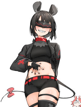 2girls absurdres animal_ears backup_dancer_(hakos_baelz) black_gloves black_hair black_jacket black_nails black_thighhighs blindfold_mask breasts cropped_jacket fingerless_gloves gloves hakos_baelz highres hololive hololive_english jacket lowleg lowleg_shorts maplesights mask medium_breasts midriff mouse_ears mouse_girl mouse_tail multicolored_hair multiple_girls navel open_clothes open_jacket red_hair sharp_teeth shorts solo_focus streaked_hair tail teeth thighhighs virtual_youtuber white_background white_hair