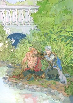 Rule 34 | 2boys, abs, antenna hair, arm tattoo, armlet, armor, armored boots, bare pectorals, black choker, black coat, black gloves, black pants, black shirt, blonde hair, blue cape, boots, braid, bunnyclvb, cape, chest tattoo, choker, clawed gauntlets, closed eyes, coat, earrings, facial tattoo, fingerless gloves, frog, gloves, gold earrings, gold necklace, gradient hair, honkai: star rail, honkai (series), improvised umbrella, jewelry, leaf umbrella, male focus, medium hair, multicolored hair, multiple boys, mydei (honkai: star rail), neck tattoo, necklace, open clothes, open coat, pants, parted bangs, pauldrons, pectorals, phainon (honkai: star rail), rain, red cape, red hair, red tattoo, river, shirt, short hair, shoulder armor, side braid, side cape, single glove, single pauldron, squatting, sun symbol, sun tattoo, tan, tattoo, thigh strap, toned, toned male, wet, wet clothes, wet hair, white coat, white hair