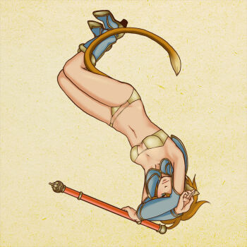 Rule 34 | 1girl, alphabet, animal ears, bad id, bad pixiv id, bikini, bikini top only, blue eyes, brown hair, female focus, gender request, genderswap, journey to the west, letter pose, midriff, monkey ears, monkey tail, navel, panties, polearm, short hair, solo, staff, sun wukong, swimsuit, tail, underwear, weapon, yuuhei