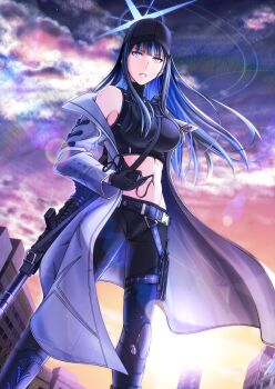1girl absurdres bare_shoulders baseball_cap belt between_breasts black_belt black_gloves black_hair black_mask black_pants black_shirt blue_archive blue_eyes blue_hair blue_halo blunt_bangs breasts buckle chest_harness cloud cloudy_sky coat colored_inner_hair commentary_request cover_image crop_top floating_hair gloves groin halo harness hat highres holding holding_mask knife knife_sheath large_breasts lens_flare long_hair mask midriff misono_chiaki mouth_mask multicolored_hair navel off_shoulder open_clothes open_coat outdoors pants parted_lips saori_(blue_archive) sheath shirt sig_516 sig_sauer sky sleeveless sleeveless_shirt snap-fit_buckle solo standing strap_between_breasts sunset thigh_sheath toned underbust unworn_mask weapon_strap white_coat
