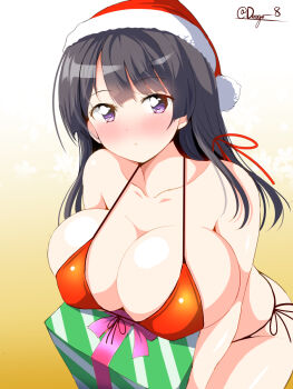 1girl bikini black_hair blunt_bangs blush breast_rest breasts carried_breast_rest carrying christmas_present cleavage closed_mouth collarbone commentary_request deego_(omochi_bazooka) dot_mouth gift gradient_background hair_ribbon hat highres large_breasts long_hair looking_at_viewer original purple_eyes red_bikini red_ribbon ribbon santa_hat side-tie_bikini_bottom sidelocks signature simple_background solo swimsuit yellow_background yura_kanade
