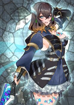 1girl bloodstained:_ritual_of_the_night bloodstained_(series) blue_dress blue_eyes breast_tattoo breasts brown_hair cleavage commentary_request cowboy_shot dress holding holding_sword holding_weapon horns miriam_(bloodstained) rosie_rosie short_hair solo sword tattoo watermark weapon