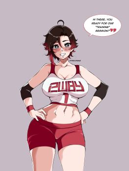 1girl artist_name bare_shoulders black_hair breasts cleavage grey_background hands_on_own_hips highres hyperrxgue large_breasts legs looking_at_viewer midriff multicolored_hair navel red_hair red_shorts ruby_rose rwby short_hair shorts smile sportswear thighs toned two-tone_hair