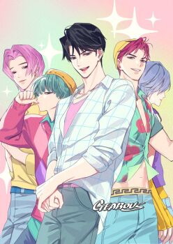 5boys abby_(kpop_demon_hunters) aqua_hair baby_(kpop_demon_hunters) black_hair brown_eyes commentary cowboy_shot earrings floral_print gearous hashtag-only_commentary hat highres jewelry jinu_(kpop_demon_hunters) kpop_demon_hunters looking_at_viewer male_focus medium_hair multiple_boys mystery_(kpop_demon_hunters) pink_eyes pink_hair purple_hair romance_(kpop_demon_hunters) short_hair smile sparkle sweater symbol-only_commentary