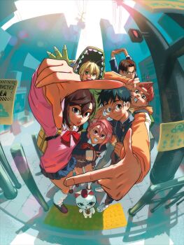 3boys 3girls adjusting_eyewear animal_hood antennae arms_up ayase_momo backpack bag bent_over black_hair black_jacket black_pants blonde_hair blue_jacket blue_skirt bob_cut bodysuit bollard bow bowtie brown_eyes brown_hair brown_shoes city commentary cover_image crossed_bangs crosswalk dandadan dinosaur_costume english_commentary english_text enjoji_jin everyone eyelashes finger_frame finger_frame_duo fisheye foreshortening gakuran glasses graffiti green_bag green_bodysuit green_eyes grin hair_between_eyes highres hood hood_up jacket kami_high_school_uniform leaning_forward loafers loose_socks medium_hair multiple_boys multiple_girls official_art open_mouth orange_jacket outdoors over-rim_eyewear pants parted_bangs parted_lips pendant_earring pink_eyes pink_sweater pleated_skirt power_lines rectangular_eyewear red_bow red_bowtie red_hair round_eyewear sakata_kinta school_uniform semi-rimless_eyewear shoes short_hair sidewalk sign single_vertical_stripe skirt sleeves_past_wrists smile sneakers socks sparkle standing stretching sweater tactile_paving takakura_ken_(dandadan) teeth tony_valente traffic_light turbo_granny_(dandadan) upper_teeth_only utility_pole v vamola_(dandadan) very_long_sleeves white_shoes yellow_bag