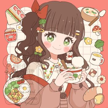 1girl blunt_bangs blush_stickers border bow bowl bread bread_slice broccoli brown_cardigan brown_hair buttons cardigan checkerboard_cookie cherry_tomato closed_mouth collared_shirt commentary_request cookie cup eeppa egg_(food) flower food food-themed_hair_ornament fruit green_eyes grid_background hair_bow hair_ornament hairclip highres holding holding_cup jam jar lettuce long_hair long_sleeves looking_at_viewer mug mushroom off_shoulder one_side_up orange_(fruit) orange_slice original outside_border parallel_hairclips pizza_toast plate red_border red_bow sandwich shirt smile solo spoon toast tomato upper_body white_background white_shirt yellow_flower