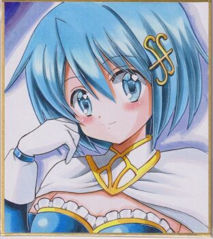 1girl blue_eyes blue_hair cape chikoto_(kztc4472) gloves highres looking_at_viewer magical_girl mahou_shoujo_madoka_magica mahou_shoujo_madoka_magica_(anime) miki_sayaka miki_sayaka_(magical_girl) short_hair smile solo thighhighs white_gloves