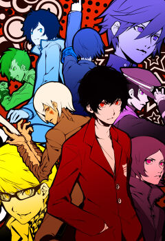 1girl 6+boys absurdres amamiya_ren arm_blade arm_up company_connection devil_summoner:_raidou_kuzunoha_vs_the_soulless_army devil_summoner_(series) devil_survivor_(series) devil_survivor_2 digital_devil_saga expressionless facial_mark glasses grin hand_in_pocket hat highres kuzunoha_raidou long_sleeves looking_at_viewer multiple_boys multiple_monochrome nanashi_(megami_tensei) narukami_yu peaked_cap persona persona_1 persona_2 persona_3 persona_4 persona_5 protagonist_(devil_survivor_2) sera_(dds) shin_megami_tensei shin_megami_tensei_iv_final short_hair smile suou_tatsuya toudou_naoya undercut weapon yuuki_makoto_(persona_3) yuuten