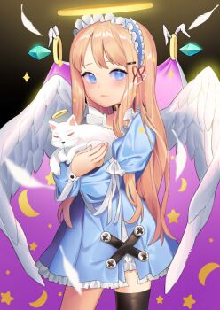 1girl absurdres angel angel_wings bad_id bad_pixiv_id black_collar blonde_hair blue_dress blue_eyes cat collar cowboy_shot crescent dress feathered_wings female_focus frilled_dress frills gem hair_ornament hairband hairclip halo highres jewelry lolita_hairband long_hair long_sleeves looking_at_viewer merong_(sou47897) original pointy_ears puffy_long_sleeves puffy_sleeves ring short_dress single_thighhigh solo sparkle star_(symbol) thighhighs very_long_hair white_wings wings