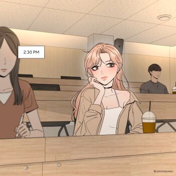 1boy 2girls absurdres black_choker brown_hair brown_shirt camisole choker closed_mouth collarbone commentary cup disposable_coffee_cup disposable_cup earrings english_commentary highres holding holding_pen jewelry lecture lemonsoju long_hair multiple_girls no_eyes orange_hair original pen shirt short_hair twitter_username white_camisole