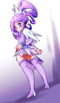 1girl arm_warmers ass boots brooch choker cure_sword dokidoki!_precure earrings full_body gradient_background hair_ornament heart heart_brooch high_ponytail highres jewelry looking_at_viewer looking_back magical_girl ponytail precure purple_arm_warmers purple_background purple_boots purple_choker purple_eyes purple_hair purple_skirt purple_theme ryuuta_(cure_ryuuta) short_hair skirt smile solo spade_(shape) spade_earrings spade_hair_ornament thigh_boots