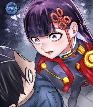 1boy 1girl black_hair blue_eyes breasts colorized large_breasts long_hair mato_seihei_no_slave purple_eyes purple_hair yamashiro_ren