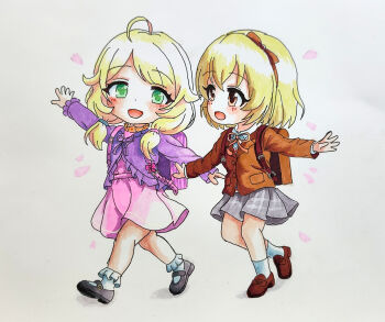 2girls :d absurdres ahoge backpack bag blonde_hair blush bobby_socks bow_hairband brown_eyes brown_jacket commentary commentary_request dress english_commentary eye_contact falling_petals green_eyes grey_background grey_skirt hairband highres idolmaster idolmaster_cinderella_girls jacket koga_koharu loafers long_hair looking_at_another low_twintails marker_(medium) mary_janes mixed-language_commentary multi-source_commentary multiple_girls open_mouth outstretched_arms petals pink_dress purple_jacket randoseru school_uniform shoes short_hair simple_background skirt smile socks solmyr2000 traditional_media twintails white_socks yusa_kozue