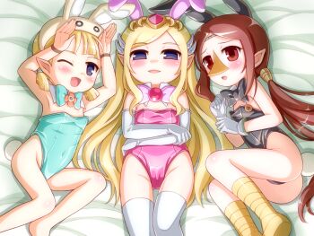 3girls animal_ears armpits arms_up aryll ass bare_hips bare_shoulders barefoot beak black_leotard blonde_hair blue_eyes blue_leotard blush bow bowtie brown_eyes brown_hair cameltoe crossed_arms detached_collar elbow_gloves fake_animal_ears flat_chest gloves groin hat highleg highleg_leotard legs leotard loli long_hair looking_at_viewer lying medli multiple_girls naughty_face nintendo on_back on_bed on_side one_eye_closed open_mouth playboy_bunny pointy_ears ponytail porocha princess_zelda rabbit_ears rabbit_pose rabbit_tail short_hair short_twintails smile strapless tail the_legend_of_zelda the_legend_of_zelda:_the_wind_waker thigh_gap thighhighs tiara toon_zelda twintails white_gloves white_legwear