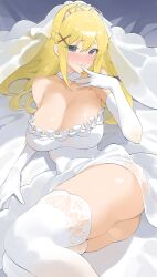 Rule 34 | 1girl, absurdres, ass, bare shoulders, blush, breasts, bridal veil, bride, byeon dha, cleavage, closed mouth, darkness (konosuba), dress, elbow gloves, gloves, hair ornament, highres, kono subarashii sekai ni shukufuku wo!, large breasts, long hair, looking at viewer, official alternate costume, shiny skin, smile, solo, thighhighs, veil, wedding dress, white dress, white gloves, white thighhighs, x hair ornament