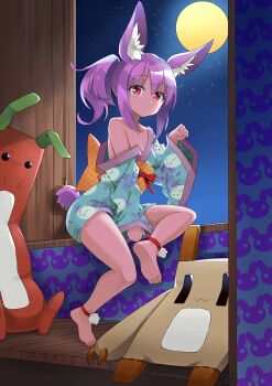 1girl :&lt; animal_ears anklet barefoot female_focus full_moon highres indoors japanese_clothes jewelry kimono legs long_hair moon off_shoulder original paw_pose ponytail purple_eyes purple_hair rabbit_ears short_kimono short_yukata sitting solo tail window xuan_chu yukata